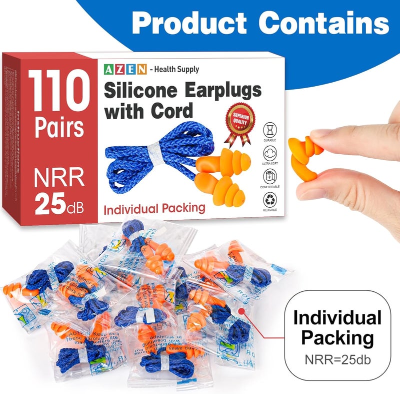 AZEN 110 Pairs Silicone Ear Plugs, Reusable Earplugs for Noise Reduction, 25dB NRR Corded Ear Plug for Sleeping Noise Cancelling, Ear Plug with String Individual Packing - Image 2